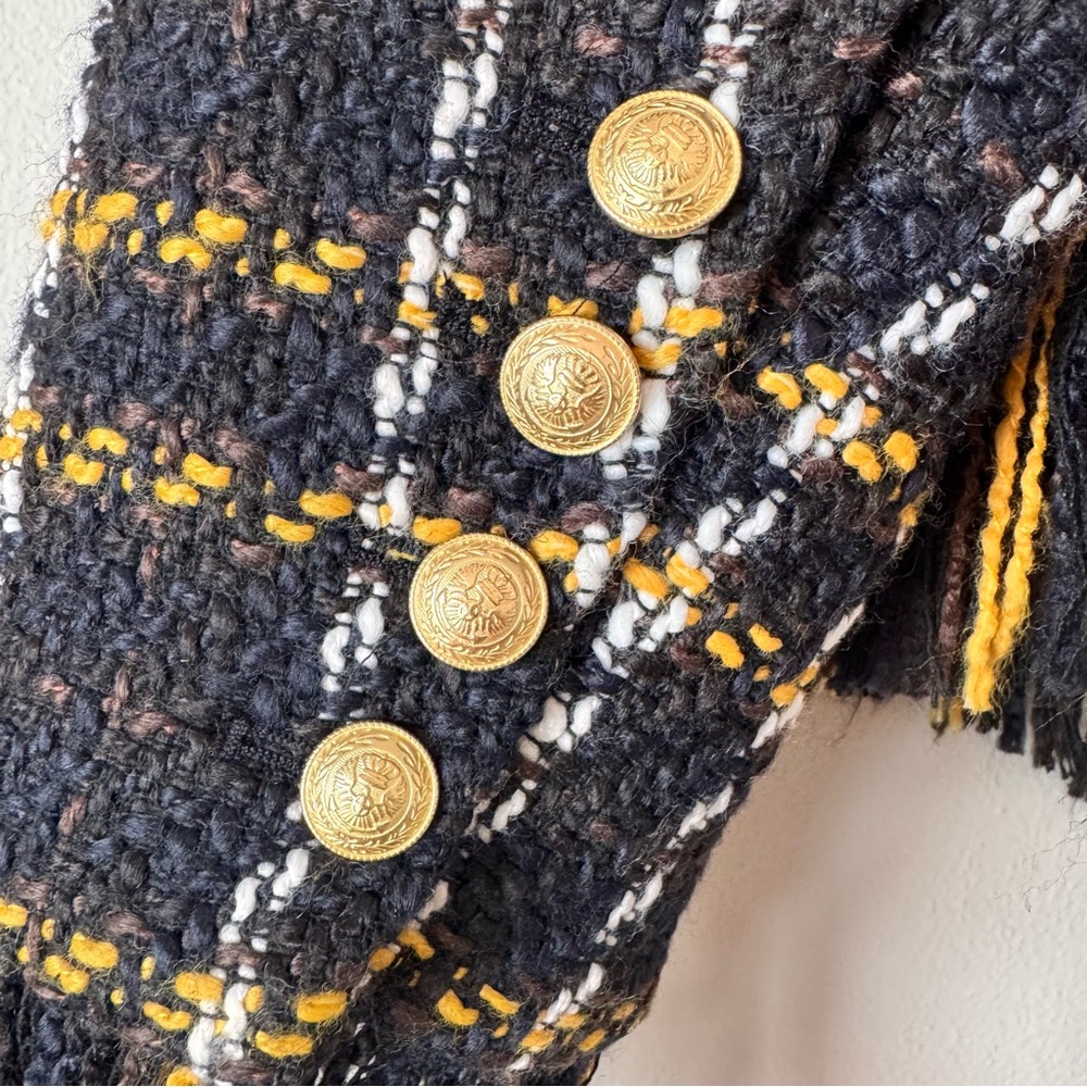 L’AGENCE Belmont Fringe Tweed Jacket Black Yellow Plaid Gold Buttons NWT Size 8 - Picture 10 of 16